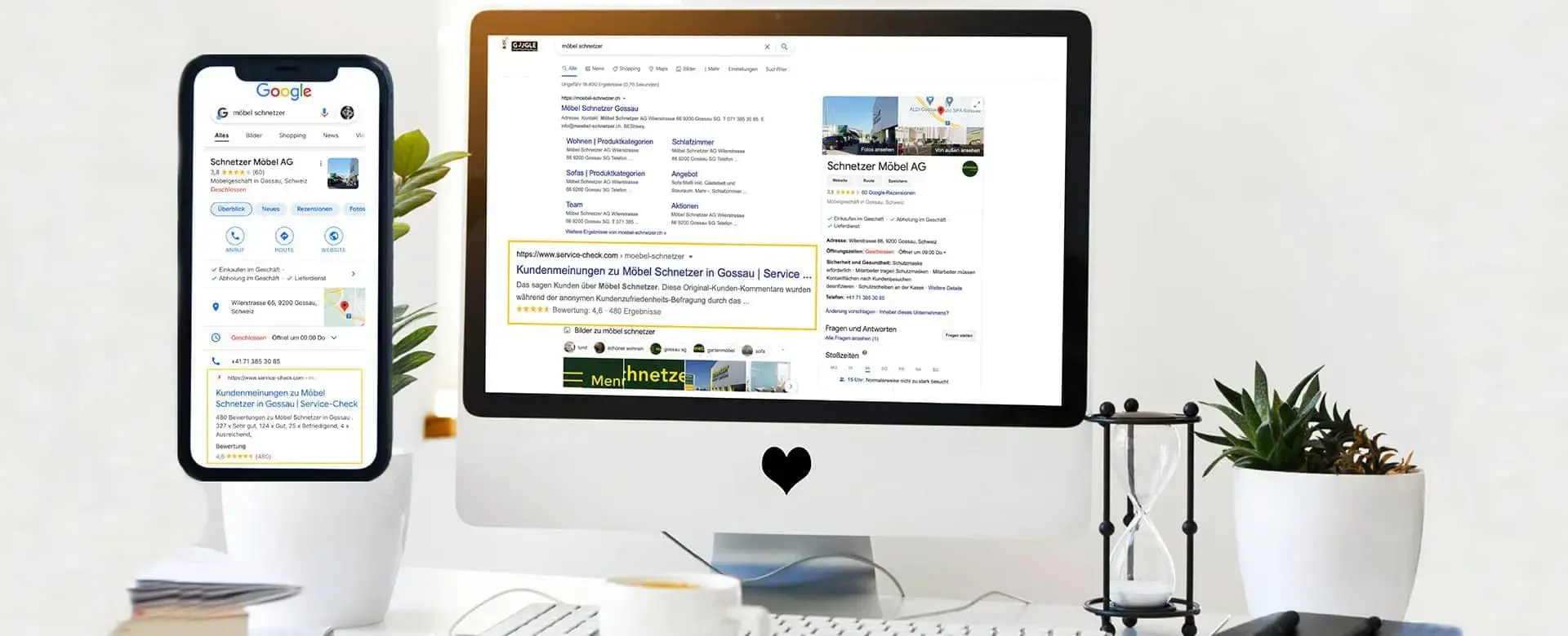 Sichtbar im Netz — SERVICE-CHECK Siegel und Sterne-Bewertung an verschiedenen Touchpoints.