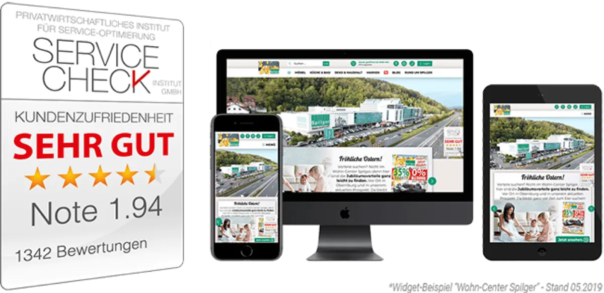 SERVICE-CHECK Widget auf einer Händler-Website — sichtbares Sterne-Profil mit echten Kundenkommentaren